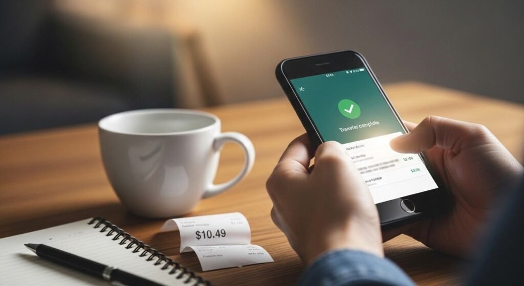 Person holding a phone with a confirmed bank transfer next to a coffee receipt
saved $10