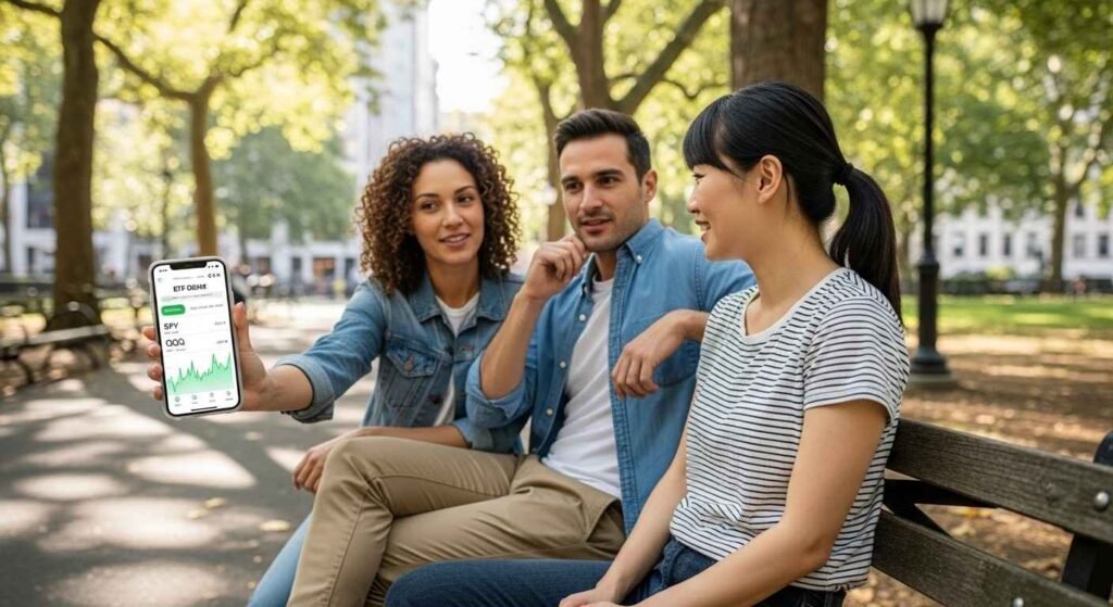 Friends talking about ETF investing on a park bench
