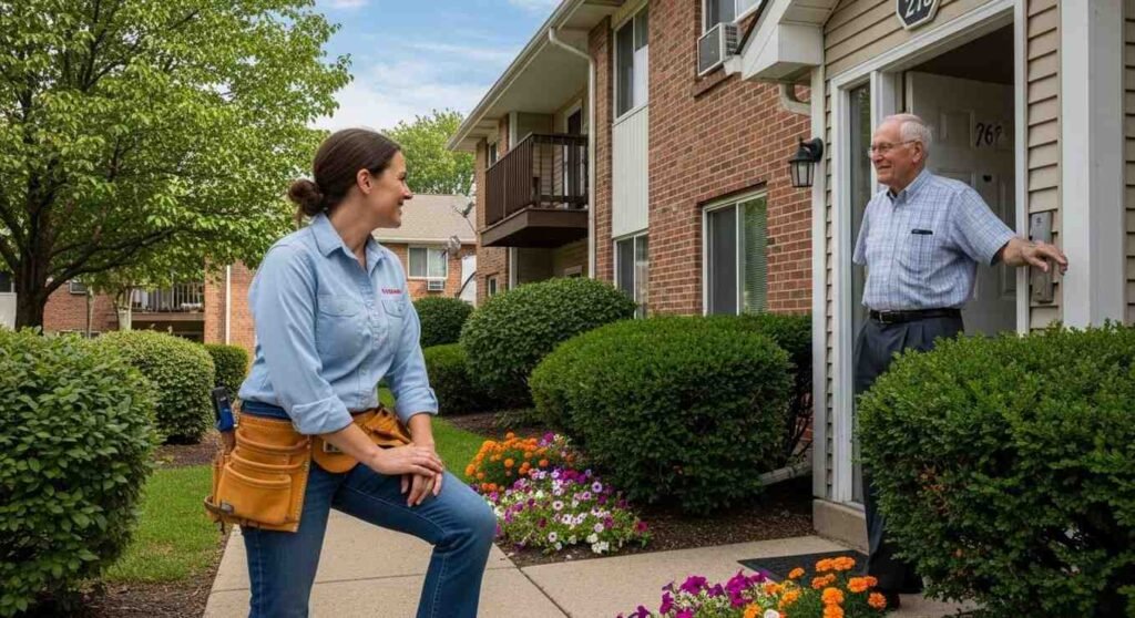 Property owner talking with a tenant outside a well-maintained apartment building.