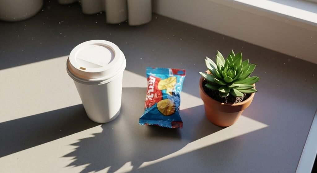 Everyday small purchases like coffee and a snack on a kitchen counter