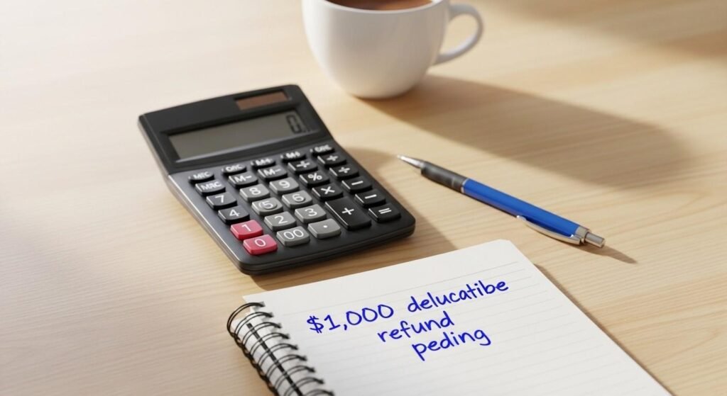 Other Driver Was Cited Meaning (What It Easy Means) handwritten note about insurance deductible refund with calculator