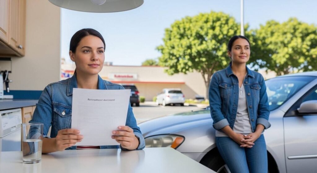 Next Stock Market Crash Prediction (Beginners Get Wrong) woman reviewing 401k statement calmly without fear of stock market crash