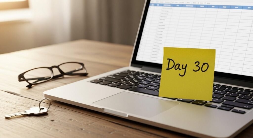 Laptop on a desk with a day thirty sticky note and house key nearby