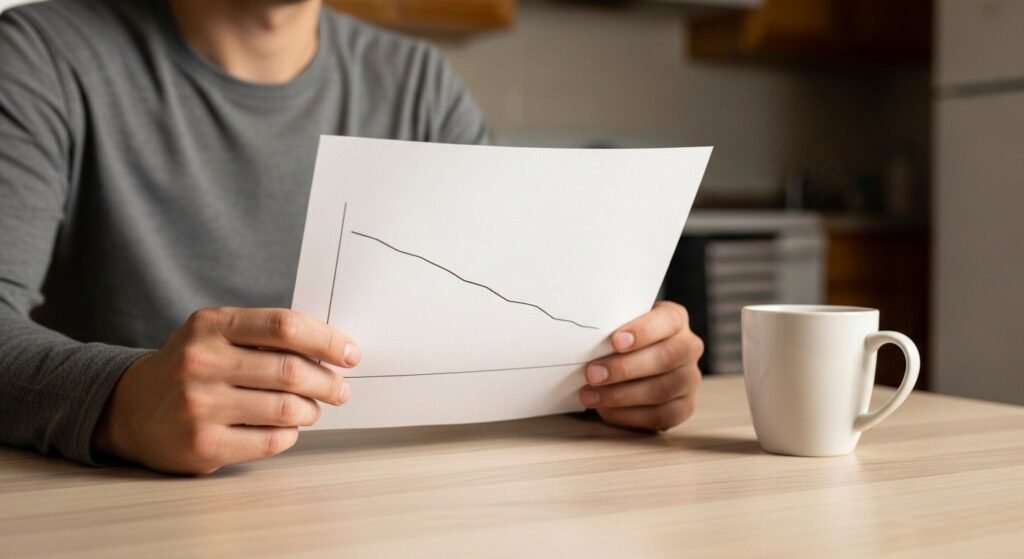 Person reviewing bond ETF performance chart on paper at kitchen table