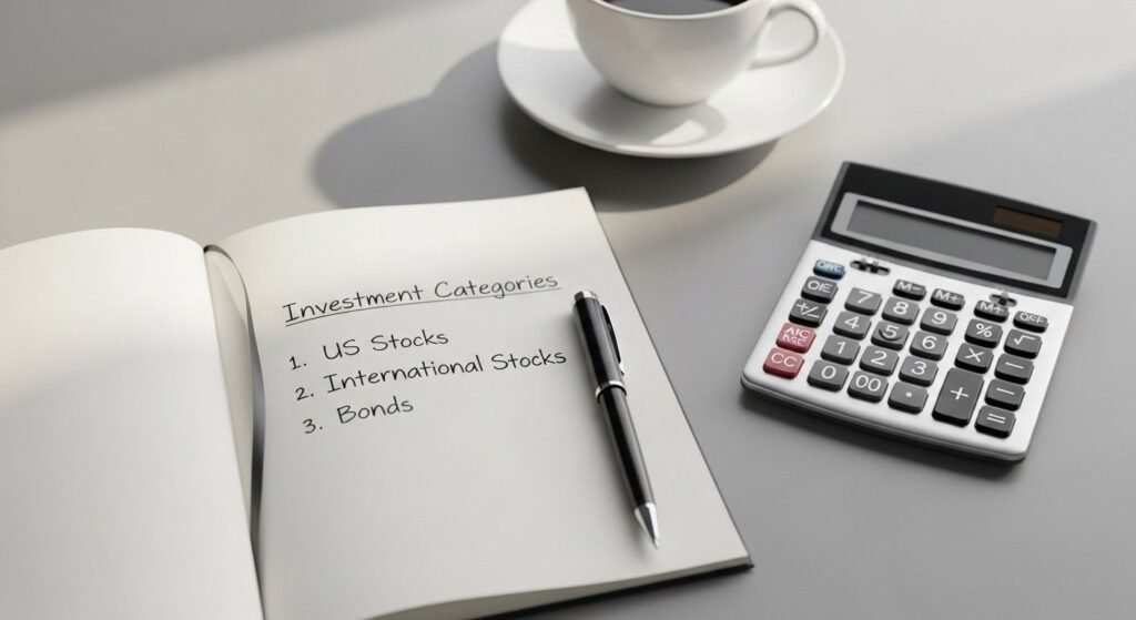 Handwritten diversification checklist with US stocks international and bonds