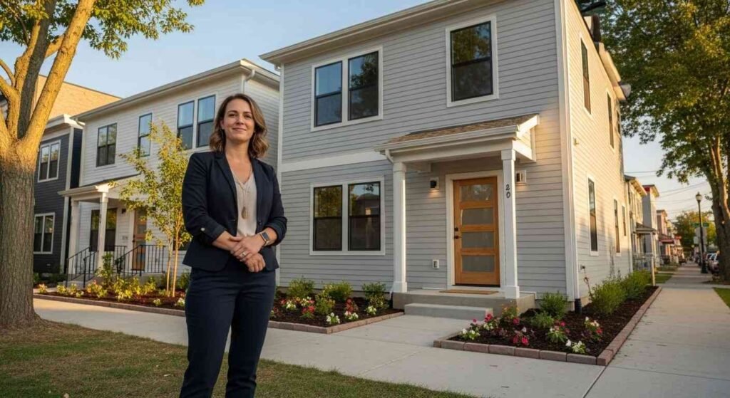Woman standing proudly in front of a renovated apartment building she invested in.