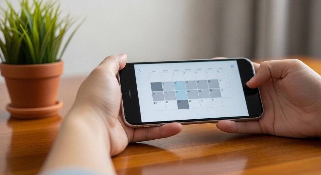Hands holding smartphone with calendar open on wooden desk