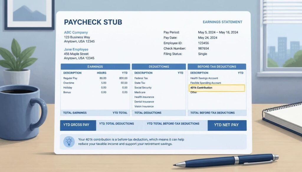 Paycheck showing 401k employer match and contribution deduction