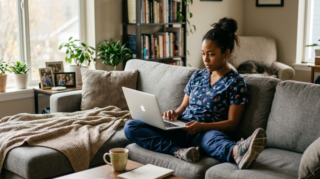 Woman in medical scrubs sitting cross-legged on a sofa using a laptop with a warm knitted blanket and a cup of coffee nearby