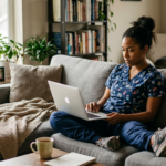 Woman in medical scrubs sitting cross-legged on a sofa using a laptop with a warm knitted blanket and a cup of coffee nearby