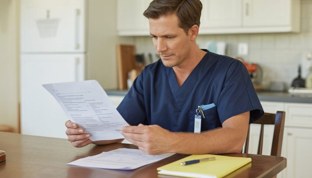 legal nurse consultant reviewing medical records at home