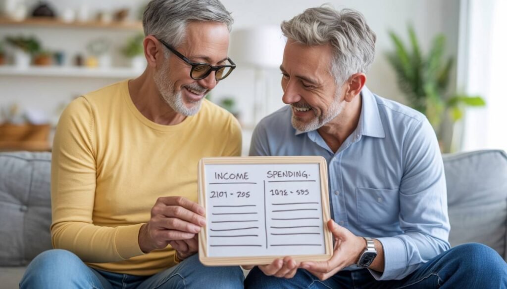 retired couple reviewing income and Retirement spending gap on whiteboard