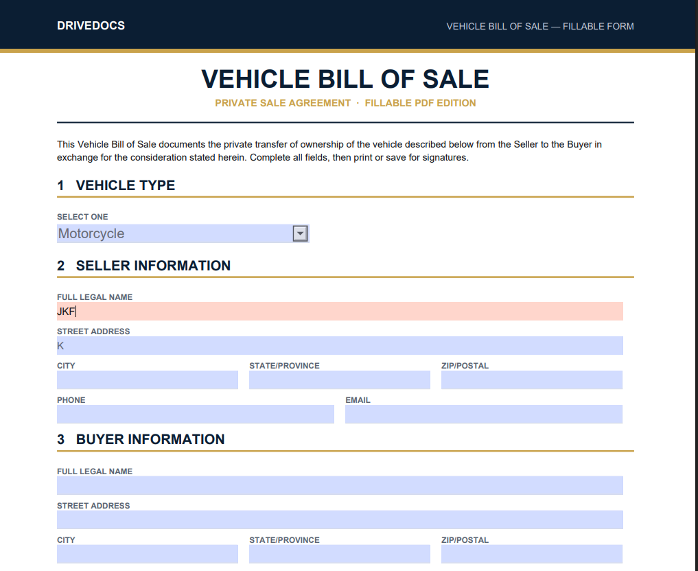 Free Vehicle Bill of Sale Template & Generator | Fillable PDF 1 free vehicle bill of sale template